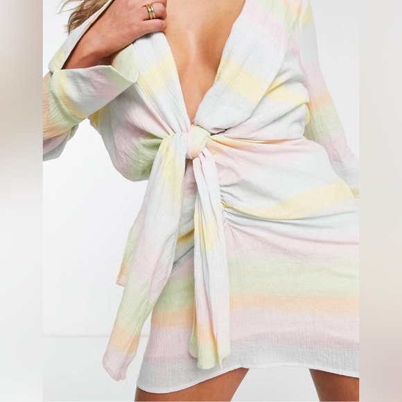 NWT - NA-KD X Louisa Wallin knot front mini shirt dress in rainbow stripe - Picture 3 of 5